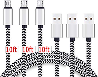 Micro USB Cable 10ft 3Pack by Ailun High Speed 2.0 USB A Male to Micro USB Sync and Charging Nylon Braided Cord for Smartphone Tablets Wall and Car Charger Connection Silver Blackwhite