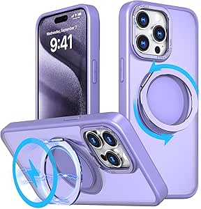 Mangix for iPhone 15 Pro Case,360° Rotatable & Invisible Magnetic Ring Stand Compatible with MagSafe, Anti-Fingerprint Protective Cover Translucent Back for iPhone 15 Pro Case (Violt)