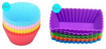 Cutequeen Trading 24pcs (12pcs Round and 12pcs Rectangular) Silicone Baking Cups / Cupcake Liners - 24-pack Vibrant Muffin Molds in Storage Container - Never Buy Paper Cups Again(pack of 24)