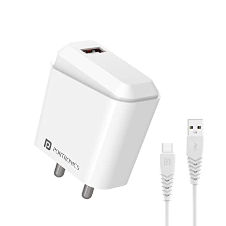 Portronics Adapto 41 C 2.4A Charger with Single USB Port, 12W Max Output, Smart Protection Chip, 1M Charging Cable(White)