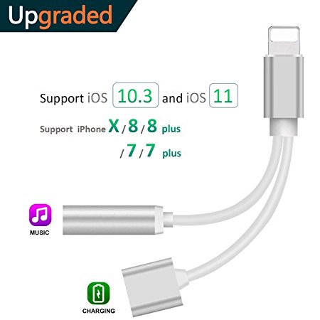 Lightning to 3.5mm Headphone Jack Audio Adapter Premium for iPhone X, iPhone 8/8 Plus, 7/7 Plus, 2 in 1 Lightning Charge & Music 3.5mm AUX Earphones Dual lightning Adapter Support IOS 10.3/IOS 11