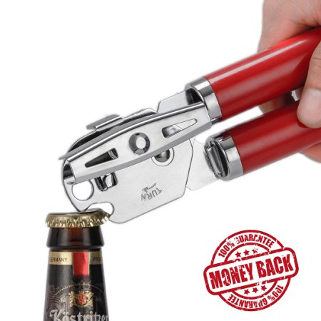 Solula Professional Stainless Steel Manual Can Opener,Open Can In Seconds,Long Handles(5 Inches) For Saving Effort,90 Days Guarantee! Red