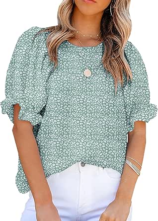 Zeagoo Womens Blouses Dressy Casual Spring Floral Print Crewneck Smocked Puff Short Sleeve Shirts