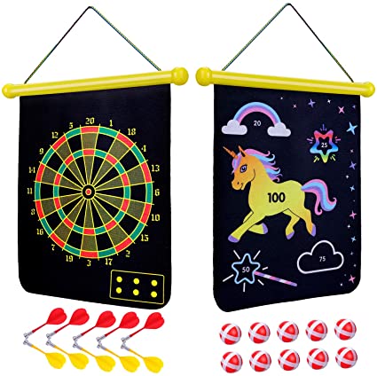 SKL Magnetic Dart Board for Kids, Toy Dart Game Set with 10 Magnetic Darts 10 Balls, Roll Up Reversible Dart Board, 2 Sided Target Game Outdoor Backyard Games for 5 6 7 8 9 10 Years Old