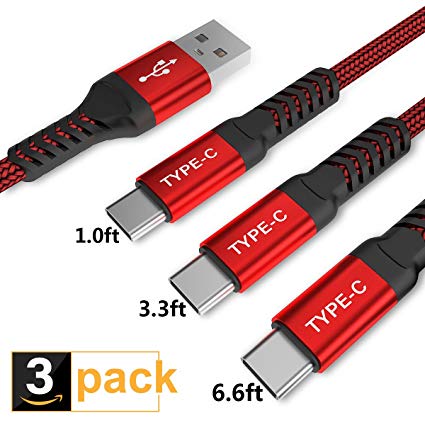 USB Type C Cable,iAlegant 3-Pack (1ft 3.3ft 6.6ft) USB to USB C Cable Nylon Braided Fast Charger Cord for Samsung Galaxy S8 S9 Plus Note 8,Google Pixel XL,LG G5 G6 V20,Nintendo Switch,Moto Z Z2(Red)