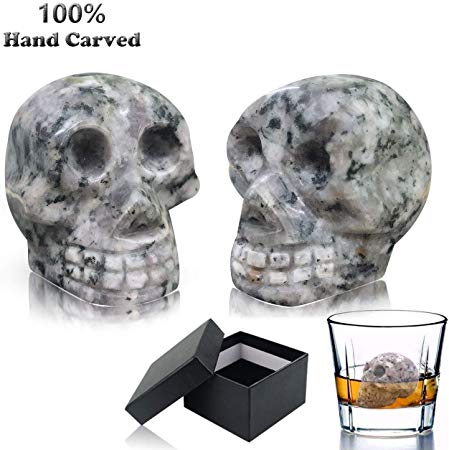 Vodolo Whiskey Stones, 100% Hand Carved Skull Wine Stone Reusable Beverage Granit Chilling Stones Bar Ice Cubes 2 Set, Gift Box Included