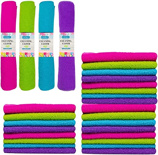 EVERBUY Pack of 24 Microfibre Cleaning Cloth - For Kitchen, Car Cleaning, Glass Cleaning - Soft Microfibre Dusters - Machine Washable - Size: 30cm x 30cm
