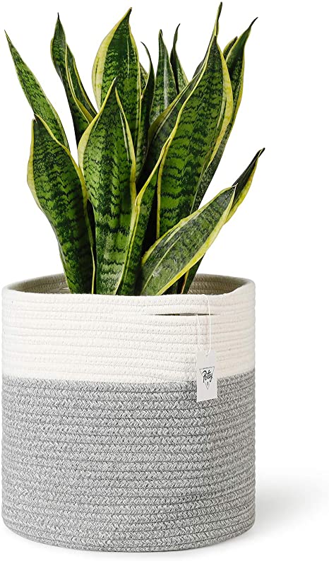 POTEY 700903 Woven Cotton Rope Plant Basket for 11" Flower Pot Floor Indoor Planters, 12” x 12” Storage Basket Organizer Modern Home Decor, White Grey Stripes