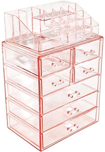 Sorbus Acrylic Cosmetic Makeup and Jewelry Storage Case Display - Spacious Design - Great for Bathroom, Dresser, Vanity and Countertop (3 Large, 4 Small Drawers, Pink)