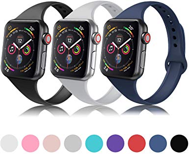 DYKEISS Sport Slim Silicone Band Compatible with Apple Watch 38mm 42mm 40mm 44mm, Thin Soft Narrow Replacement Strap Wristband Accessory for iWatch Series 1/2/3/4 (3p-Black/Gray/Navy Blue, 38mm/40mm)