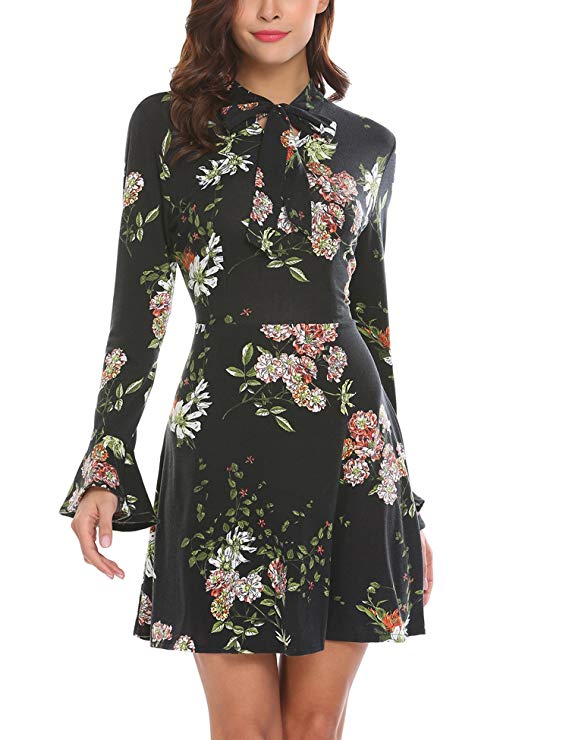 ACEVOG Women's Casual Floral Print Bell Sleeve Fit and Flare Dress