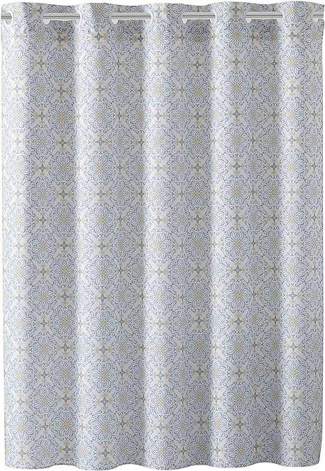 Hookless Vervain Print Fabric Shower Curtain Set with Fabric Snap-in Liner, No Hooks Required, 71'' x 74'', Grey/Yellow