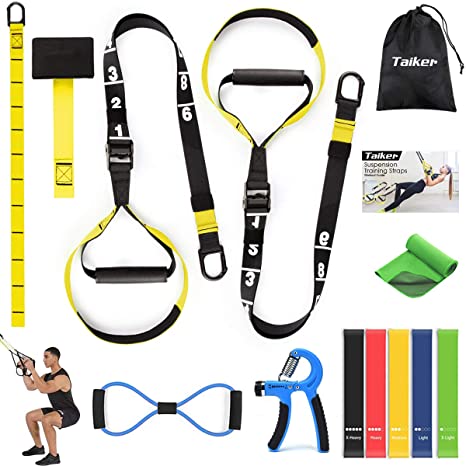 Bodyweight Resistance Training Straps, Suspension Trainer Kit, Door Anchor & Extension Strap, 5 Exercise Loop Bands, 8-Shaped Resistance Band, Hand Grip Strengthener, Cooling Towel for Home,Travel