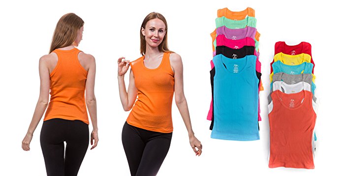 12 Pieces Pack Women's Ribbed 100% Cotton Tank Tops-Assorted Color