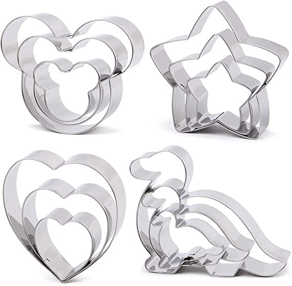 BakingWorld Cookie Cutter for Kids,Mickey Mouse Dinosaur Heart and Star Shapes Stainless Steel Cookie Cutters Mold for Fruit Vegetable Cakes Biscuits and Sandwiches(12 Pcs）