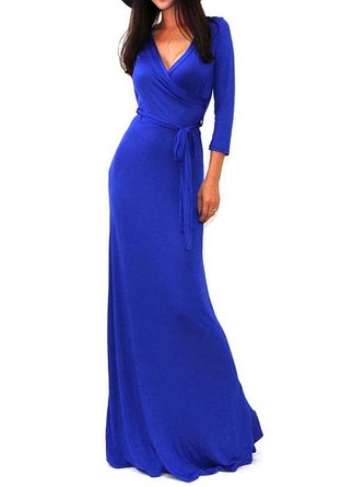 VIVICASTLE Women's Solid V-neck 3/4 Sleeve Wrap Waist Long Maxi Dress