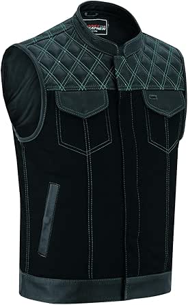 Vance Leather Men's Denim & Leather Motorcycle Vest with Dual Conceal Carry Pockets, SOA Biker Club Vest