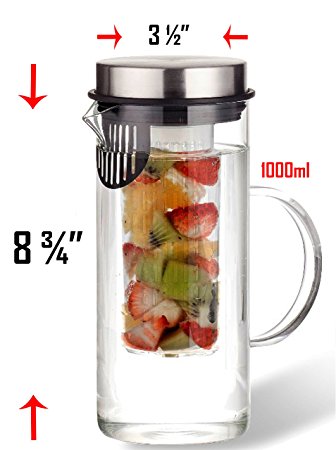 1000ML Borosilicate Glass Fruit Infusion Pitcher / BPA Free Fruit Infuser / Borosilicate Glass Water Pitcher / Infusion Cylinder / Built in Strainer / Stylish Design with Stainless Steel Lid