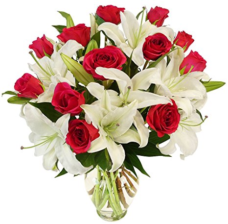 Benchmark Bouquets Hot Pink Roses and White Oriental Lilies, With Vase