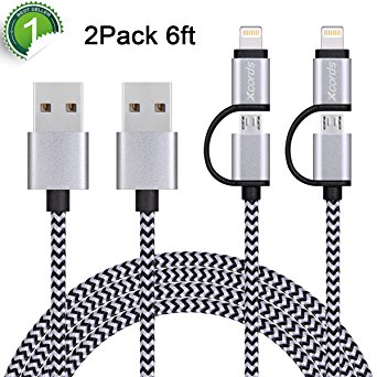 Xcords(TM) 2Pack 6Ft Nylon Braided 2in1 Syncing and Charging Data Cable Cord for iOS and Android Devices(Black)