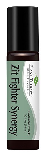 Plant Therapy Zit Fighter Synergy  Pre-Diluted Essential Oil Roll-On. Ready to use! Blend of: Geranium Bourbon, Grapefruit, Cedarwood, Peppermint, Rosemary, Roman Chamomile. 10 ml (1/3 oz).