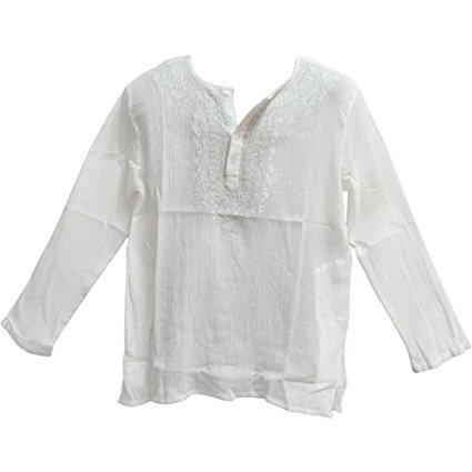 Yoga Trendz Mens Indian White Bohemian Crinkled Gauze Cotton Embroidered Tunic Shirt Kurta