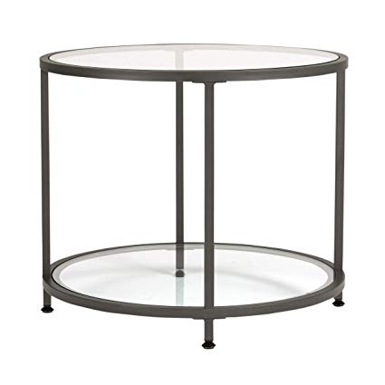 Studio Designs Home Camber Round Side Table End Table Glass Coffee Table In Pewter With Clear Glass, 71004