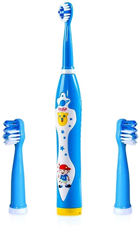 Sonic Rechargeable Electric Toothbrush for Kids with 2 Dental Care Modes 4 Songs and 2 Replaceable Brush Heads,2 Min Timer, Dentists Recommend, Waterproof, USB Fast Charging (Blue Sonic Toothbrush)