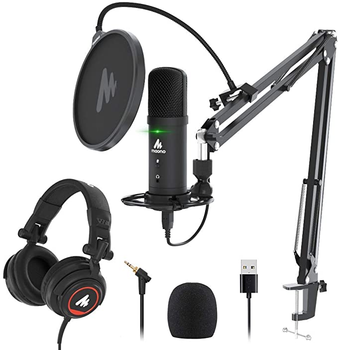 USB Microphone with Studio Headphone Set 192KHz/24Bit Zero Latency Monitoring MAONO AU-PM401H Computer Condenser Cardioid Mic with Mute Button for Podcasting, Gaming, YouTube, Streaming