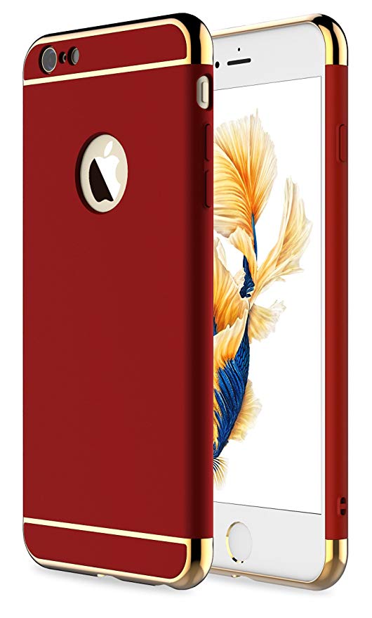 iPhone 6/6s Plus Case, RORSOU 3 in 1 Ultra Thin and Slim Hard Case Coated Non Slip Matte Surface with Electroplate Frame for Apple iPhone 6 Plus(5.5') and iPhone 6S Plus(5.5') - Red and Gold