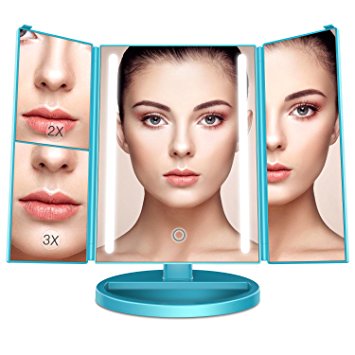 BESTOPE 24 Led Makeup Mirror Larger Vanity Mirror with 3x/2x Magnification,Trifold Lighted Mirror,Touch Screen, 180° Adjustable Rotation,Battery and USB Powered,Countertop Cosmetic Mirror