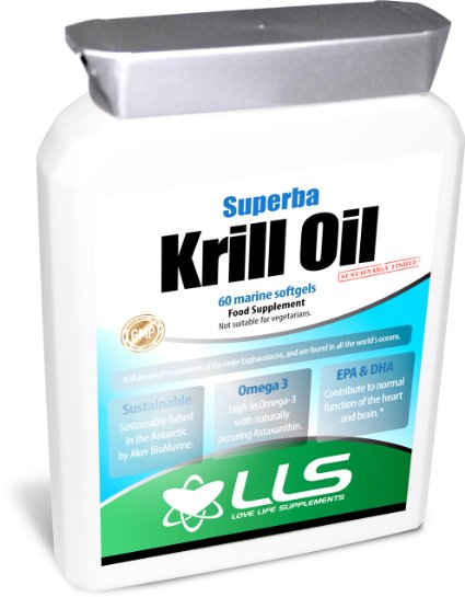 LLS Superba Krill Oil | *** 60 DAY 100% MONEY BACK GUARANTEE! *** | For Healthy Heart, Joints and Immune Support | Sustainably Fished by Aker BioMarine | 500mg x 60 Marine Soft Gel Capsules | Produced in the UK under GMP Certification | Love Life Supplements - "Live Healthy. Love Life."