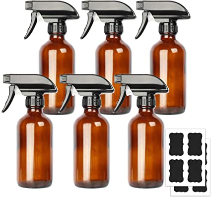 6 Pack 8 oz Amber Boston Glass Spray Bottles,Trigger Sprayers with Mist & Stream for Essential Oils, Bath, Beauty, Hair & Cleaning Products.Include 8 Chalk Labels.