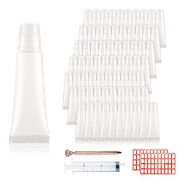 70 PCS 10ml Refillable Lip Gloss Tubes, Clear Soft Cosmetic Tubes Lip Balm Containers for DIY Homemade lipgloss project with 1PCS free Syringe, 1 PCS Diamond Pen and 80 pcs Labels