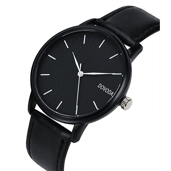 Mens Leather Watch Classic Bussiness Casual Quartz Analog Wrist Watches Simple Arabic Numeral Calendar Date Male Dress Wristwatch Black Strap Black Dial Timepiece 99 Ft Waterproof