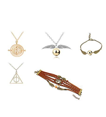 LEECCO 5 pcs Inspired DIY Necklace and Bracelets Set,Time-Turner Deathly Hallows Golden Snitch Necklace and Link Bracelets for Hogwarts Gifts or Decorations