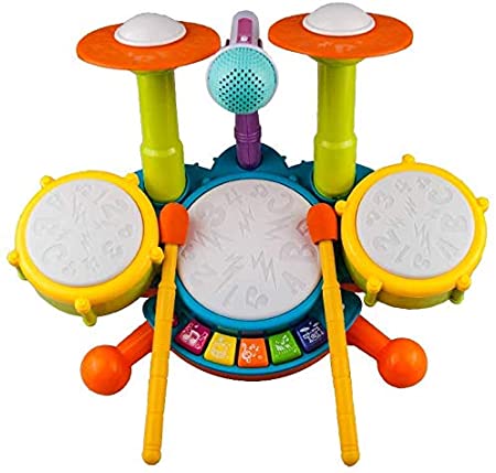 Kids Drum Set, Rabing Electric Musical Instruments Toys with 2 Drum Sticks, Beats Flash Light and Adjustable Microphone, Early Learning Birthday Gift for 1-12 Years Old Boys and Girls, Multicolor
