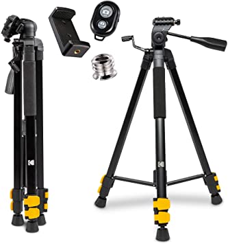 KODAK PhotoGear 62" Tripod with Remote | Compact 3-Section Flip-Lock Aluminum Tripod Adjusts 22”-62”, QuickRelease Plate, Smartphone Adapter & 1/4” to 3/8” Screw, Bubble Level, Carry Case, & E-Guide