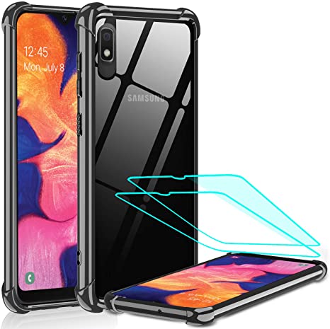 LeYi Samsung Galaxy A10e Case with Tempered Glass Screen Protector, Silicone Shockproof Crystal Clear Hard PC Full-Body Bumper Transparent Slim Protective Phone Cover Cases for Samsung A10e Black