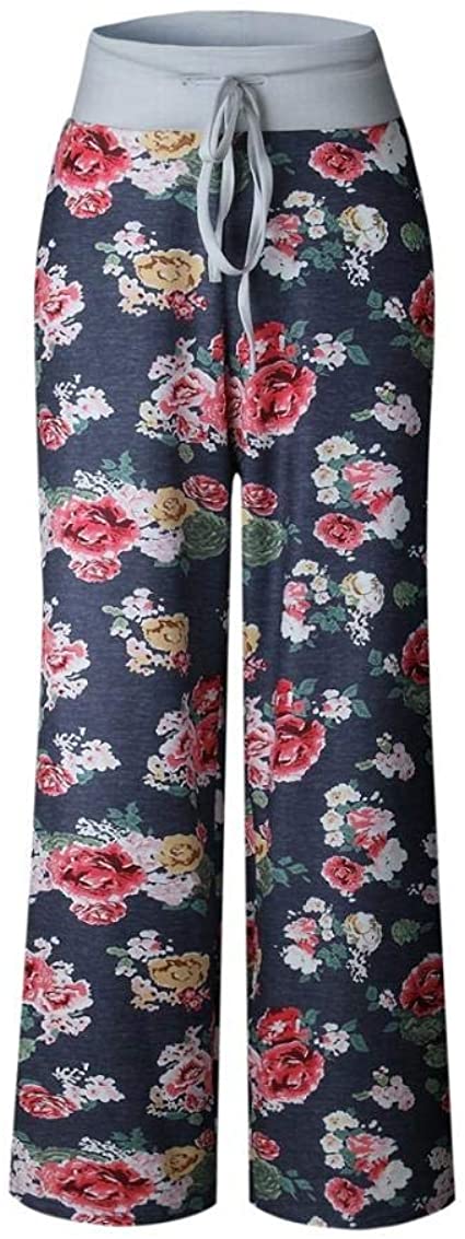 DUBUK Casual Pants for Women, High Waist Comfy Stretch Wide Leg Floral Print Drawstring Pants