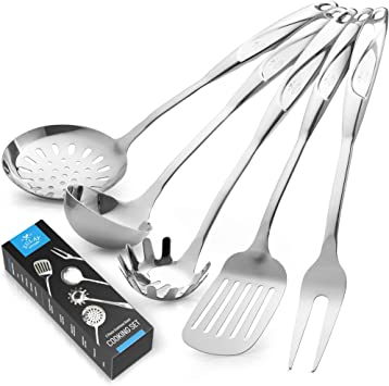 Zulay 5-Piece Cooking Utensil Set - Stainless Steel Kitchen Utensil Set For Cooking - Multi Purpose Spatula, Spaghetti Server, Draining Spoon, Ladle, and Carving Fork