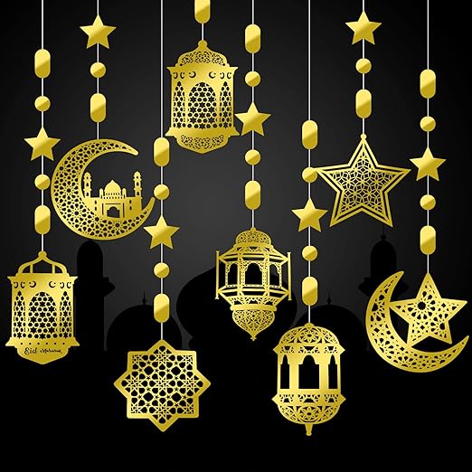 Zonon 24 Pcs Islamic Star Moon Lantern Ramadan Garland Eid Decoration Streamer Ramadan Mubarak Party Banner Backdrop Shining Hanging Wall Decorations for Home Wedding Decor Islam Party(Gold)