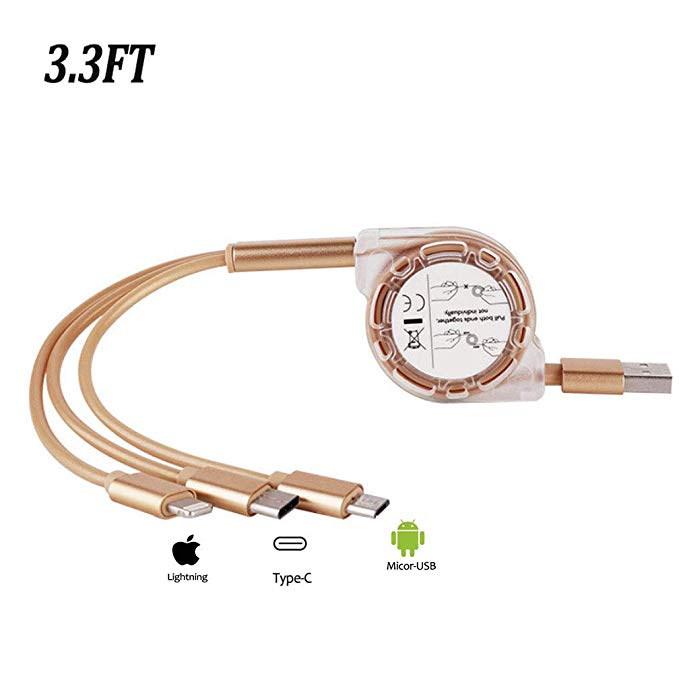 Sunsign 4 Lengths Universal 3 in 1 USB Charger Cable with Multiple Micro Retractable Cable 2.1A Fast Charging Connectors for iPhone Android Type-c Up to 3.3ft