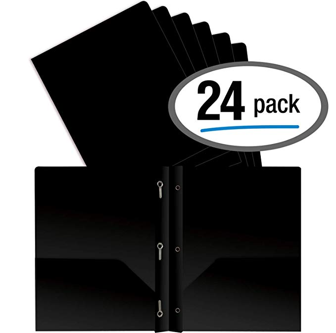 Better Office Products Black Plastic 2 Pocket Folders with Prongs, Heavyweight, Letter Size Poly Folders, 24 Pack, with 3 Metal Prongs Fastener Clips, Black