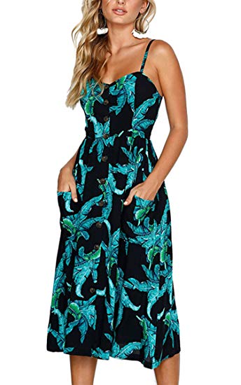 Angashion Women's Dresses-Summer Floral Bohemian Spaghetti Strap Button Down Swing Midi Dress with Pockets