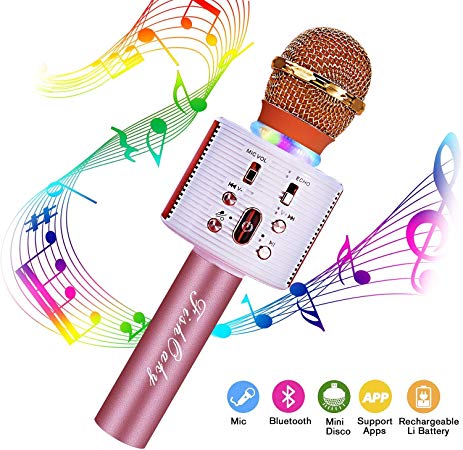 FishOaky Wireless Bluetooth Karaoke Microphone, Portable Kids Microphone Karaoke Player Speaker with LED & Music Singing Voice Recording for Home KTV Kids Outdoor Birthday Party (Rose Gold)