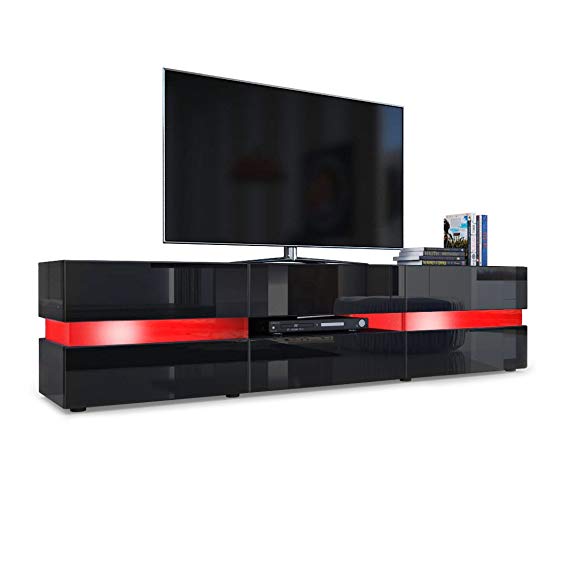 Vladon TV Unit Cabinet Flow, Carcass in Black High Gloss/Front in Black High Gloss with LED Lights