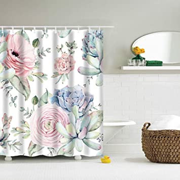 IcosaMro Succulent Shower Curtain for Bathroom with Hooks, Cactus Flowers Cacti Decorative Long Cloth Fabric Shower Curtain, 71x72 Inches