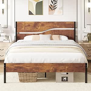 VECELO Queen Size Platform Bed Frame with Wood Headboard, Solid and Strong Metal Support, No Box Spring Needed