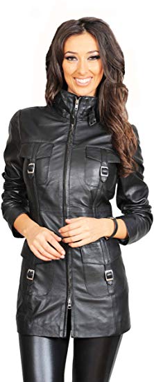 A1 FASHION GOODS Womens Latest 3/4 Fitted Real Leather Coat Trendy Zip Up Jacket Carol Black